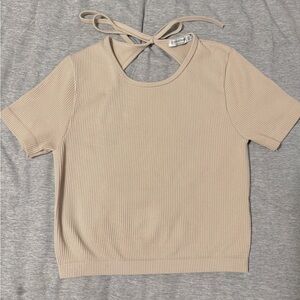 Stradivarius Beige Ribbed Short Sleeve Tee